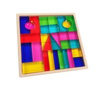 Bloc Géométrique Enfant Coffret de Formes à Empiler Jeu Libre Construction Sensorielle Acrylique Lumineux avec Boîte en Bois Finition Brillante