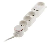 Zenitech Bloc Home 4 prises 16A 2P+T + 2x USB 2,1A avec interrupteur et fiche extraplate Blanc câble HO5VV F 3G1 1,5m