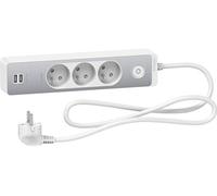 Schneider Electric SC5ST933U1WA Rallonge multiprises 3 Prises 2P+T Blanche Finition brossé 2 USB 1,5m, Blanc et Aluminium, Câble