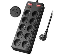 Bloc Multiprise avec Interrupteur, Multiprise 10 Prises Française 16A 2P+T | Prise Multiple avec USB C PD20W Charge,Parafoudre et Surtension,Parasurtenseur,Rallonge Electrique 2m,pour Maison,Bureau,Noir