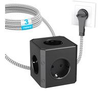 Bloc multiprise cube 5 prises avec prise plate, multiprise cube pour bureau, maison, voyage, câble de 3 m, noir