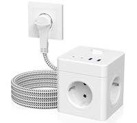 Bloc multiprise cube avec USB C, 4 prises, fiche plate avec commutable, multiprise cube pour bureau, maison, voyage, câble de 2,5 m, blanc