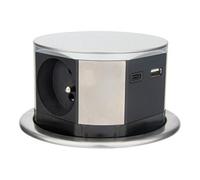 Otio, Bloc Multiprise Encastrable 3 Prises 16A 2P+T et 2 USB, Alu, Ø100mm, Câble H05VV-F 3G1,5mm² 1.5m, Puissance Max 3680W, IP20, Installation Facile, Cuisine/Bureau, Dimensions Fermé Ø10.3x11.5cm