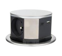 Otio, Bloc Multiprise Encastrable 3 Prises 16A 2P+T et 2 USB, Alu, Ø100mm, Câble H05VV-F 3G1,5mm² 1.5m, Puissance Max 3680W, IP20, Installation Facile, Cuisine/Bureau, Dimensions Fermé Ø10.3x11.5cm