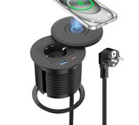 Bloc multiprise encastrable avec charge sans fil 15 W et PD30W USB C, prise escamotable sewingvr pour plan de travail de cuisine, câble de 2 m, noir