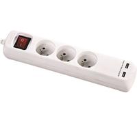 Zenitech DIO013043 Bloc avec interrupteur, 3 prises et 2 ports USB, Blanc, 1,5 m