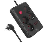 Maclean MCE392/3 Multiprise | 4 Prises 3xUSB 2500W | Prises angulaires 45° | Interrupteur Lumineux Mural | Universel pour la Maison, Le Bureau et Les Jeux (Noir, 3M)