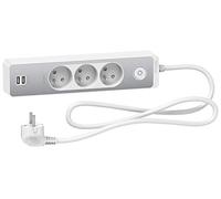 Bloc multiprises 3 Prises 2P+T et 2 USB (câble 1,5m) - Blanc et Aluminium - Schneider