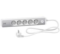 Bloc multiprises 5 Prises 2P+T et 2 USB (câble 1,5m) - Blanc et Aluminium - Schneider
