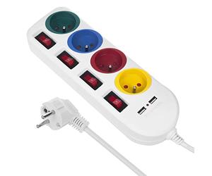 Bloc multiprises rallonge 4 Prises + 2X USB avec interrupteurs | 250VAC Courant nominal : 10 A, 2.1A 5V, Longueur du câble : 1,5 m Blanc Équipé d'un fusible enfant Maclean