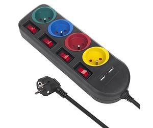 Bloc multiprises rallonge 4 Prises + 2xUSB avec interrupteurs Maclean | 250VAC/10A, 2,1A 5V 1,5m Noir Longueur du câble : 1,5 m Équipé d'un fusible enfant