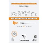 Clairefontaine 976028C Bloc Encollé 2 Côtés Fontaine Extra Blanc - 12 Feuilles Papier Aquarelle Extra Blanc 100% Coton Grain Satiné - Qualité Professionnelle A3 300g