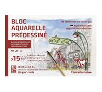 Clairefontaine 975727C Bloc Collé Aquarelle Prédessiné - 15 Feuilles Papier Aquarelle Blanc Grain Fin - 2x 6 Feuilles Prédessinées et 3 Feuilles Vierges - Thème Paris - 10x15 cm 300g