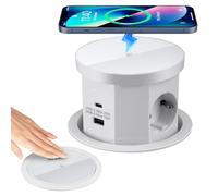 Bloc Prise Encastrable Plan de Travail Multiprise Encastrable, Prise de Table Escamotable 3 Prises avec 1 USB C 1 USB A - Table Rétractable - avec Chargeur sans Fil (Blanc)