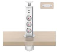 Bloc prise encastrable rétractable pour plan de travail - 3 prises, 2 USB-A, 1 USB-C PD 20W charge rapide, câble 1.8 m, blanc
