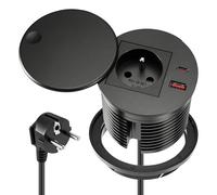 Bloc Prise Encastrable Rond 80 mm avec USB-C PD20W + USB-A, Multiprise Encastrable Plan de Travail, Bureau, Cuisine, Meuble, Prise Française avec Câble 1.5 m