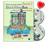 Blockenflöten Box 2 - Leçon de flûte à bec soprano pour les enfants de 7 à 8 ans avec 2 CD de Daniel Hellbach (en allemand) - Pince colorée en forme de cœur pour maintenir vos partitions