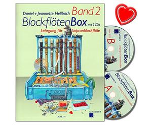 Blockenflöten Box 2 - Leçon de flûte à bec soprano pour les enfants de 7 à 8 ans avec 2 CD de Daniel Hellbach (en allemand) - Pince colorée en forme de cœur pour maintenir vos partitions
