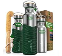 Blockhütte gourde isotherme en acier inox avec revêtement en silicone, bouteille isotherme 1l, bouteille d'eau anti-fuite, gourde thermos passe au lave-vaisselle I pour enfants, adultes I vert foncé