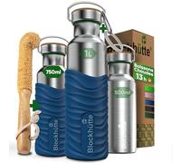 Blockhütte gourde isotherme en acier inox avec revêtement en silicone, bouteille isotherme 1l, bouteille d'eau anti-fuite, gourde thermos passe au lave-vaisselle I pour enfants, adultes I bleu