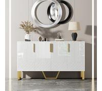 BLOCKTOY Buffet laqué brillant 140L*40P*80Hcm, 4 portes, poignées et pieds en métal, design géométrique en blanc