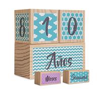 Blocs d'âge BEBÉ en bois naturel 100 % naturel Calendrier de suivi pour photos de grossesse et étapes de bébé (bleu)