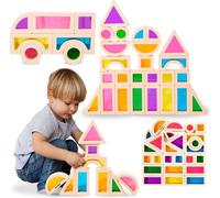 Blocs de construction en bois arc-en-ciel Mamabrum - Set de 25 pièces avec fenêtres acryliques colorées, jouets Montessori pour enfants à partir de 2 ans