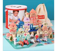 Blocs de ville en bois Pour les enfants à partir de 3 ans, Tapis de sol pour puzzle + Trieur de formes + Blocs, 115 pièces.