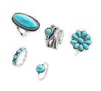 blodfune Lot de 5 bagues imitation turquoise rétro, ton argent vieilli, bandeau bohème empilable, bijoux bleu lac pour un cadeau de vacances quotidien, 5pcs, Zinc, Pas de pierre précieuse