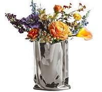 BLOFLO Vase moderne en céramique froissée avec sac en papier fait à la main pour arrangement floral créatif, vases décoratifs pour décoration d'intérieur, cheminée, décoration de salon (argenté)