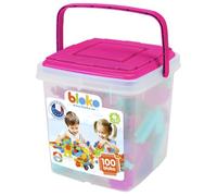 BLOKO - Baril de Rangement de 100 avec 1 Plaque de Jeu (Rose) - Dès 12 Mois - Fabriqué en Europe - Jouet de Construction 1er âge - 503584