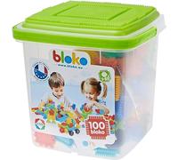 BLOKO - Baril de Rangement de 100 avec 1 Plaque de Jeu (Vert) - Dès 12 Mois - Fabriqué en Europe - Jouet de Construction 1er âge - 503553