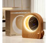 blonbar Lampe de Lune avec Réveil Lumineux,Lampe de Chevet avec 3 Niveaux de luminosité, Lampe de réveil avec réveil lumière du Jour,10 Sons de la Nature (Walnut)