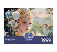 Blonde Girl with Blue Eyes 1000 Pcs Carton Extra-épais Lot de Puzzles Girl with Floral Headdress Stimulant Et Éducatif Défi Unique Puzzles As Birthday Gifts 52x38cm/1000pcs