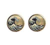 Bloody devil Boutons de manchette personnalisés, art artisanal, boutons de manchette The Great Wave of Kanagawa, mont Hokusai Fuji Japonais, boutons de manchette d'art en bronze, bague ondulée
