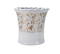 BLOOHK Jardinière en céramique Blanche et dorée avec Bord ondulé festonné, Pot de Fleur Traditionnel Chinois Porte-Bonheur Forme Poisson Rouge, décoratif Vintage « Fu » Personnage bénédiction(30cm)