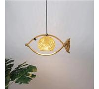 BLOOHK Lustre créatif en rotin et métal en forme de poisson, douille E27, suspension classique à une tête, luminaire décoratif simple for comptoir de bar et restaurant.