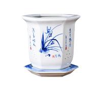 BLOOHK Pot d'orchidée en Porcelaine Bleue et Blanche avec Soucoupe, Pot de Fleurs octogonal céramique Trous Ventilation, Fleur Style Chinois Traditionnel for Plantes d'intérieur bonsaï
