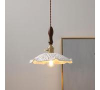 BLOOHK Suspension en laiton et céramique, lampe suspendue blanche ondulée à volants avec accent en bois, abat-jour en forme de fleur de style nordique, luminaire de plafond