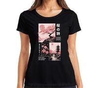 Bloom Today Sakura Poetry Japan Y2K T-shirt pour femme, Noir , S
