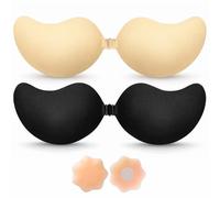 BLOOMORA Soutien-Gorge Adhésif Push Up - Soutien-Gorge Dos Nu sans Bretelles Invisible avec Clip - 2 Soutiens-Gorge Adhésifs Noir & Beige + Caches-Tétons Réutilisables - Bonnet B