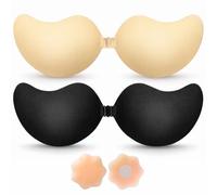 BLOOMORA Soutien-Gorge Adhésif Push Up - Soutien-Gorge Dos Nu sans Bretelles Invisible avec Clip - 2 Soutiens-Gorge Adhésifs Noir & Beige + Caches-Tétons Réutilisables - Bonnet D