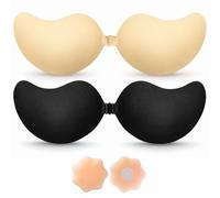 BLOOMORA Soutien-Gorge Adhésif Push Up - Soutien-Gorge Dos Nu sans Bretelles Invisible avec Clip - 2 Soutiens-Gorge Adhésifs Noir & Beige + Caches-Tétons Réutilisables - Bonnet C