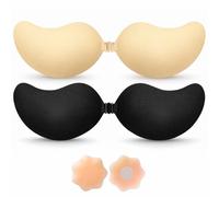 BLOOMORA Soutien-Gorge Adhésif Push Up - Soutien-Gorge Dos Nu sans Bretelles Invisible avec Clip - 2 Soutiens-Gorge Adhésifs Noir & Beige + Caches-Tétons Réutilisables - Bonnet A