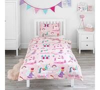 Bloomsbury Mill - Housse de Couette et Taie d’Oreiller Enfant Filles - Licorne, Princesse et Arcs en Ciel - Imprimé Rose et Lilas - Parure de lit pour Junior, Bas Âge, Bébé - 120 x 150 cm