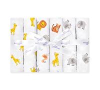 Bloomsbury Mill - Lange Bebe - Lot de 6-70x70cm - 100% Pur Coton Biologique - Carrés de Mousseline Super Doux - Cadeau Naissance pour Garçon et Filles - Bébé Naissance - Animaux De La Jungle