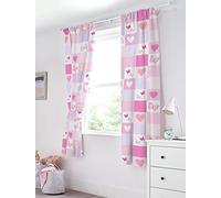 Bloomsbury Mill - Patchwork Cœurs et Papillons - Rose et Lilas - Paire de Rideaux Doublés pour Enfant avec Embrasses - 168 cm x 183 cm