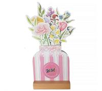 Bloomy Flowers Calendrier de bureau 2026 - Planificateur mensuel créatif en forme de vase avec base en bois, motif bouquet de fleurs amovible, calendrier de bureau élégant pour bureau et maison avec