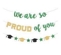 Blopee Bannière pré-nouée « We Are So Proud of You » - Bannière de remise de diplôme verte et dorée - Décorations de remise de diplôme de e 2026 - Bannières de félicitations pour diplômés