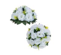 BLOSMON Boules de fleurs pour centres de table de mariage : lot de 2 boules de roses artificielles avec base pour compositions florales, décorations d’intérieur, de table, de fête (blanc)